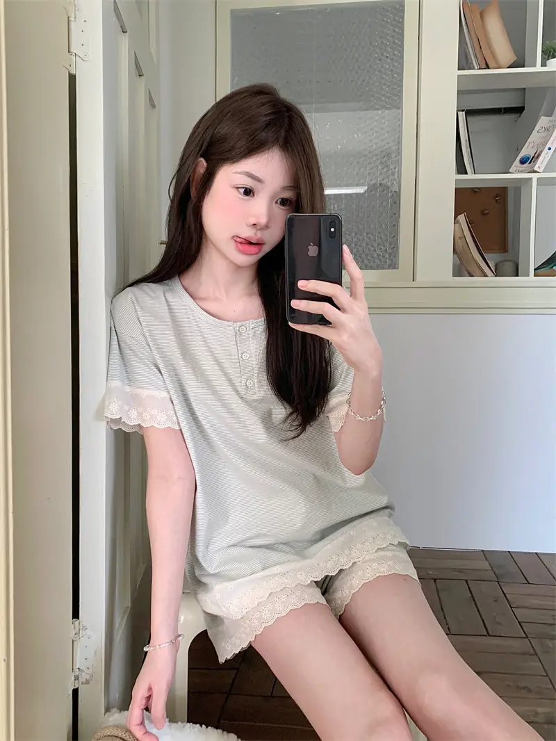 한국 스타일 간결 레이스 조합 홈웨어 세트 상세 이미지 3