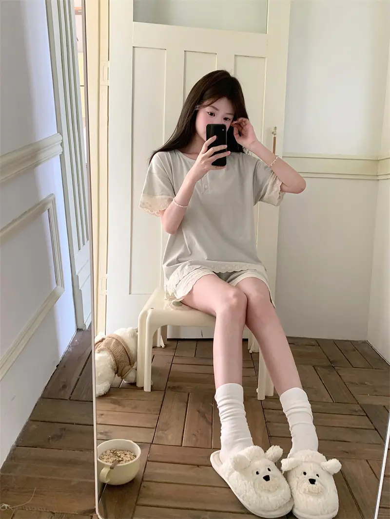 한국 스타일 간결 레이스 조합 홈웨어 세트 상세 이미지 4