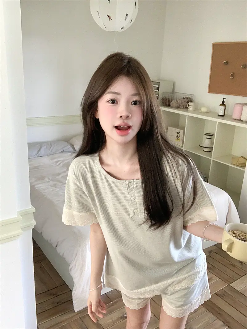 한국 스타일 간결 레이스 조합 홈웨어 세트 상세 이미지 8