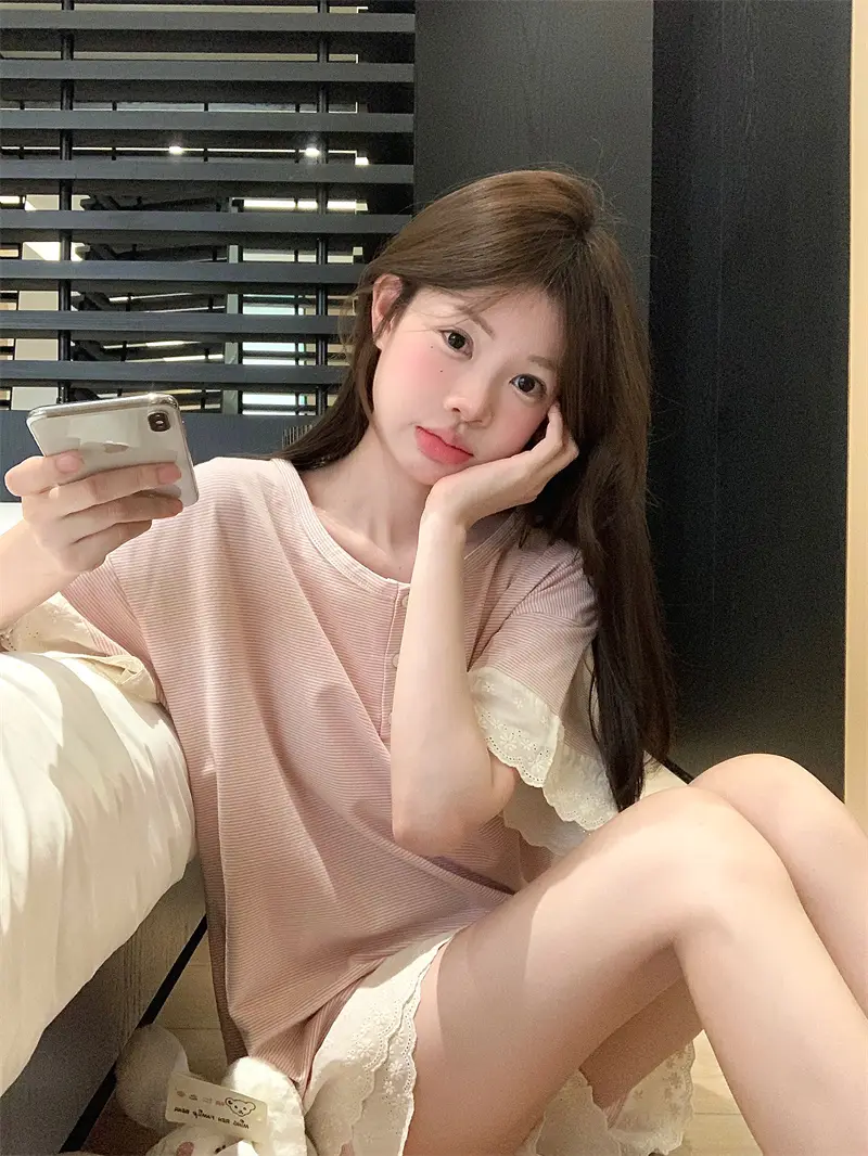 한국 스타일 간결 레이스 조합 홈웨어 세트 상세 이미지 13