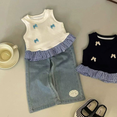 批发女童短款小背心蝴蝶结<b class='q'>夏</b>装新款儿童甜美拼接花边无袖T恤上衣潮流