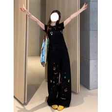 批发黑色童趣小狗刺绣牛仔背带裤女夏季新款高街显瘦直筒拖地裤潮