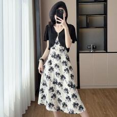 批发大码女装2026夏季韩版时尚印花雪纺拼接显瘦洋气法式淑女连衣裙