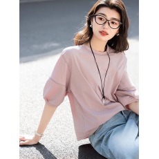批发松弛感七分短袖T恤女2026夏季新款圆领撞色线装饰休闲灯笼袖上衣
