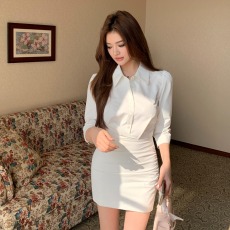 批发实拍2026秋季新款纯白色七分袖显瘦气质通勤连衣裙<b class='q'>女衬衫</b>包臀短裙