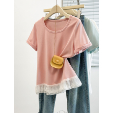 批发实拍2026夏装新款胖mm<b class='q'>大码</b>女<b class='q'>时尚</b>减龄u领蕾丝花边短袖别致T恤