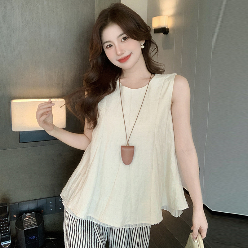 MY5808# 新款韩版百搭宽松圆领无袖拼接娃娃衫衬衫女上衣夏女裝貨源服裝批發
