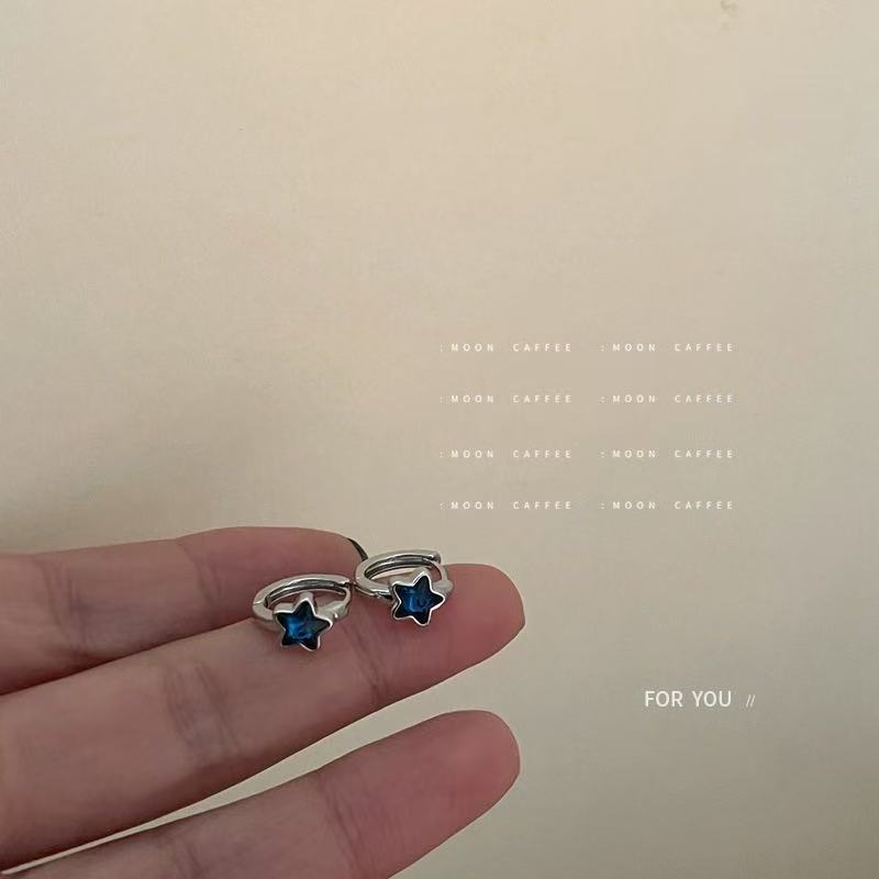 CX13339# 最便宜饰品批发  一眼心动蓝色五角星耳扣耳钉女轻奢小众简约百搭气质星星耳环耳饰
