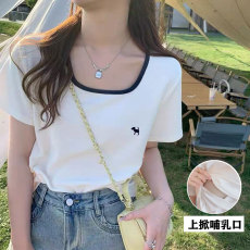 批发夏季纯棉哺乳T恤产后辣妈百搭显瘦方领喂奶打底上衣月子服