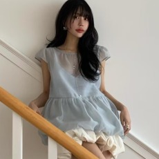 批发现货 ins<b class='q'>韩国</b>时尚泡泡袖娃娃衫网纱仙女短袖衬衫+吊带