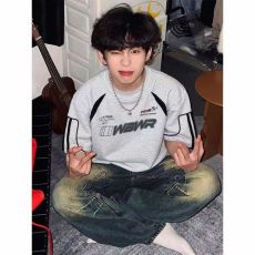 批发重磅 230克超爽滑纯棉潮牌美式拼接撞色条纹织带宽松休闲情侣T恤