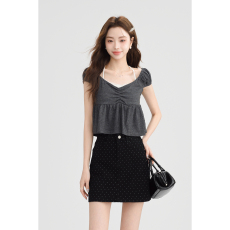 批发实拍韩系挂脖设计感短袖T恤夏季小众修身显瘦假两件上衣