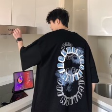 批发夏季美式<b class='q'>嘻哈</b>宽松短袖潮牌复古字母环形卡通T恤学生情侣五分袖