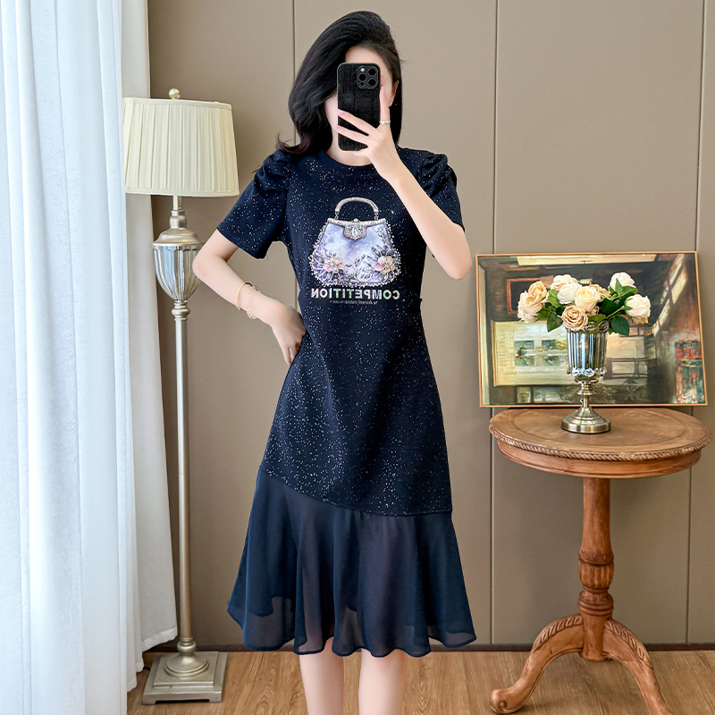 MY6839# 夏日轻奢时尚夏季新款亮钻手提包雪纺拼接显瘦连衣裙女裝貨源服裝批發