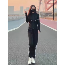 批发跑步套装女晨跑服春季高端品牌修身黑色开衫上衣休闲运动裤两件套