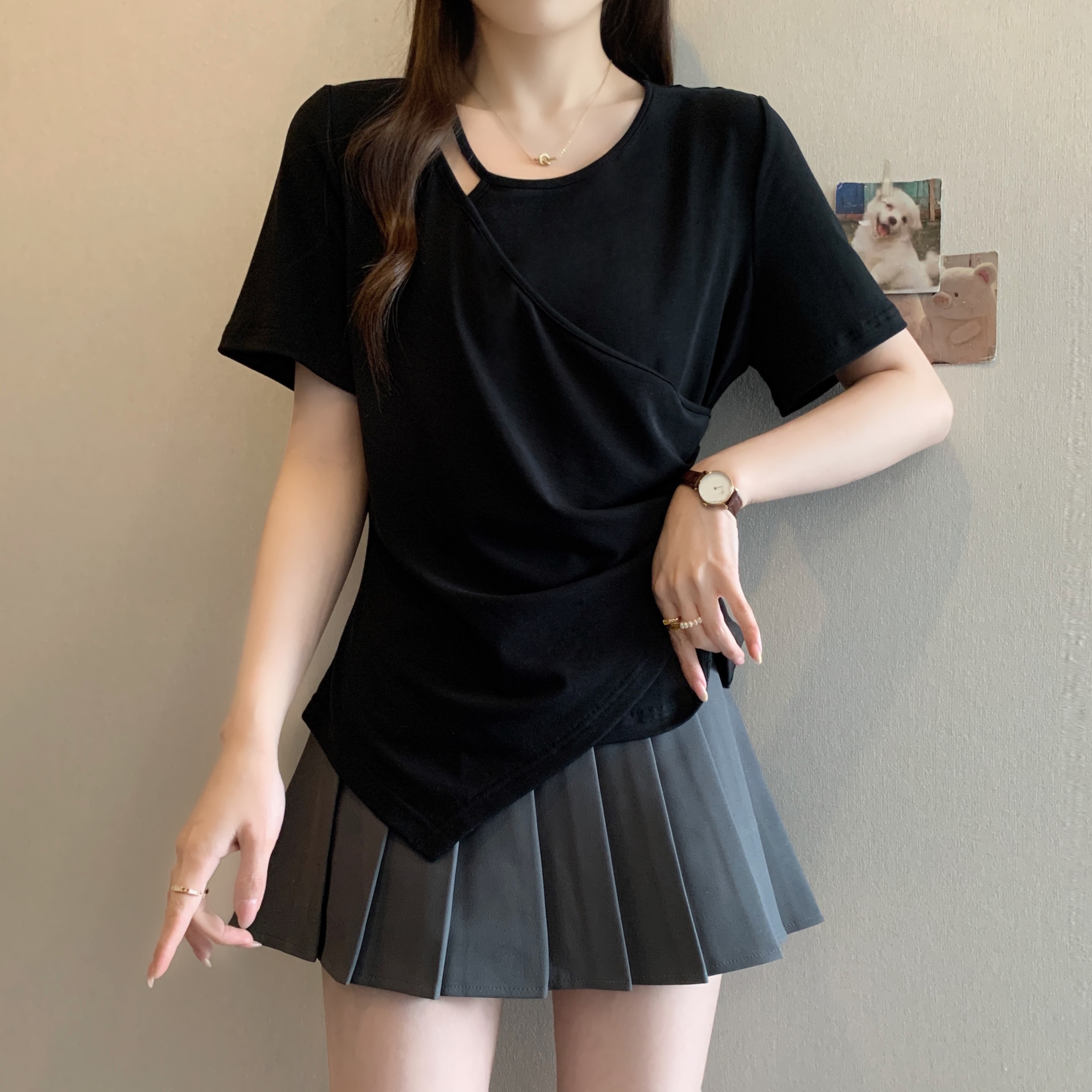 실사 뚱뚱한 소녀 빅 사이즈 여성 의류 여름 새로운 Chic 핫걸 조심해. 기계 디자인 센스 주름 반팔 티셔츠 맨위