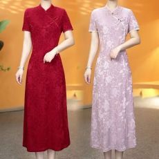 批发中式旗袍新款提花妈妈连衣裙2025夏季改良气质显瘦弹力丝