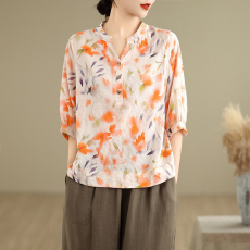 批发实拍文艺范夏季新款衬衣气质棉麻印花宽松百搭显瘦洋气半开领上衣