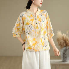 批发实拍文艺范夏季新款衬衣气质棉麻印花宽松百搭显瘦洋气半开领上衣