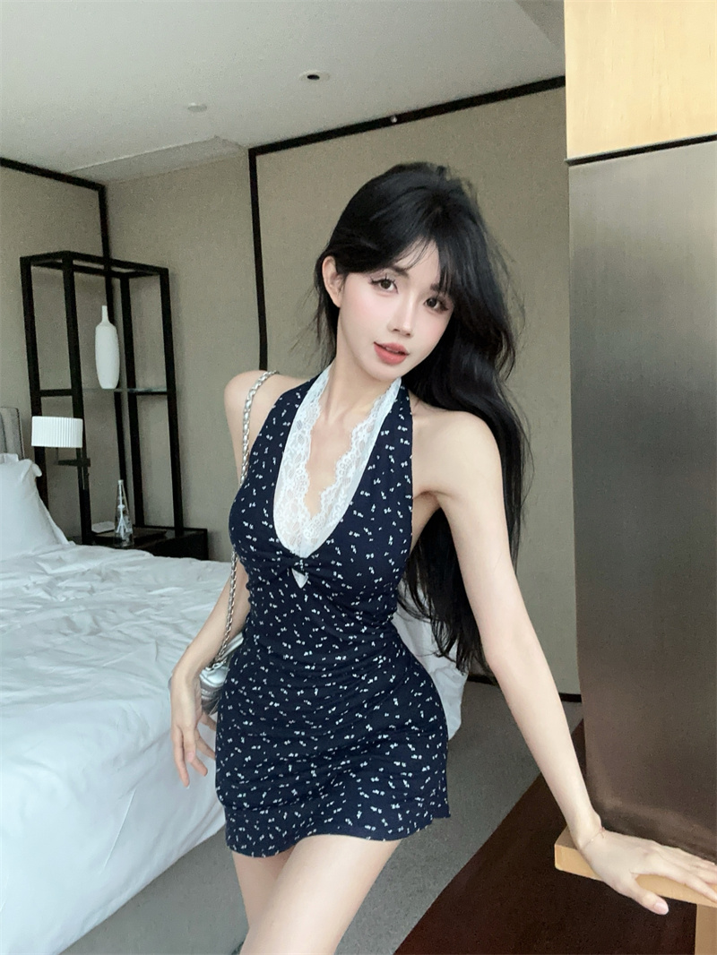 실사 정가 순수한 욕망 핫걸 V넥 레이스 조각 행침 목 꽃무늬 타이트 스커트 미니 스커트 여성