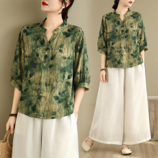 批发实拍文艺范夏季新款衬衣气质棉麻印花宽松百搭显瘦洋气半开领上衣