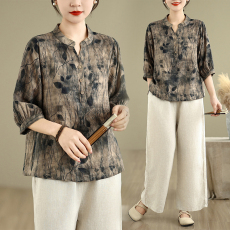批发实拍文艺范夏季新款衬衣气质棉麻印花宽松百搭显瘦洋气半开领上衣