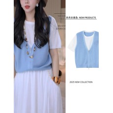 批发夏季新款撞色拼接短袖<b class='q'>t</b><b class='q'>恤</b>女时尚假两件套头上衣甜美小个子打底衫