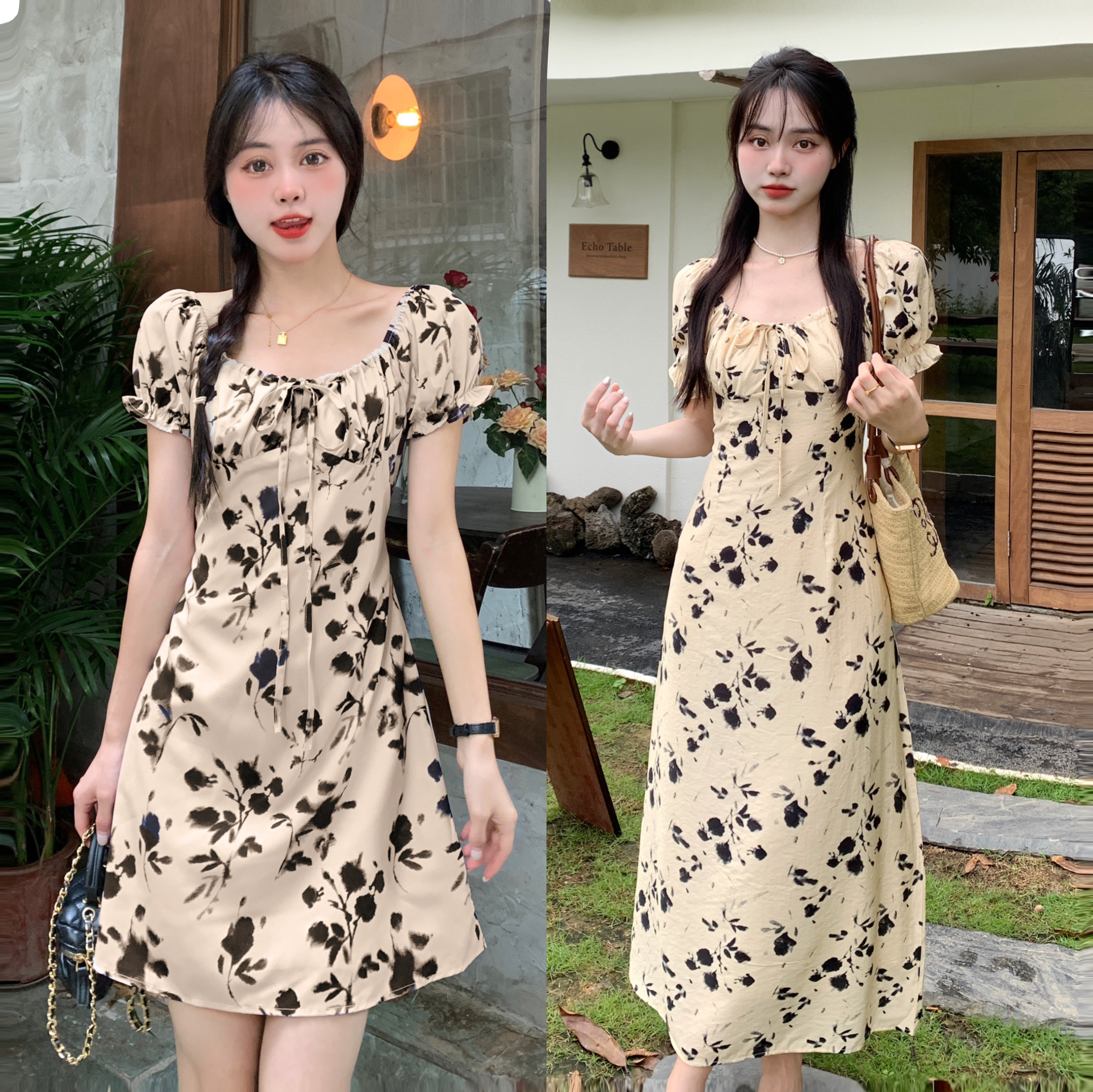 MY7503# 大码法式复古碎花方领泡泡袖连衣裙女夏气质高级感温柔风显瘦长...