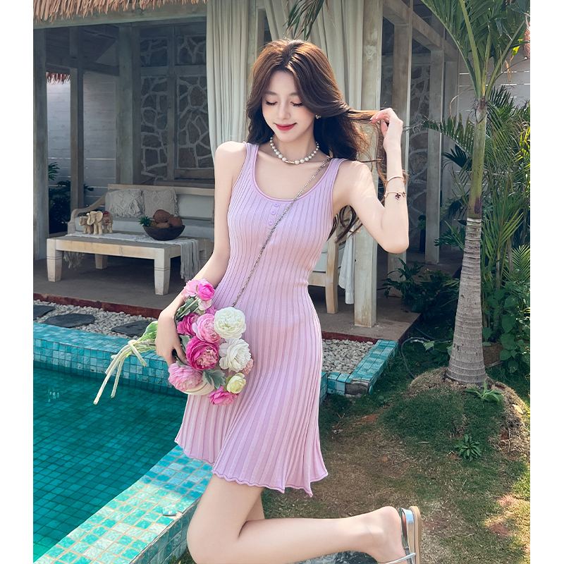 MY6442# 夏日甜美无袖吊带裙纯欲辣妹修身显瘦针织连衣裙女夏a字短裙女裝貨源服裝批發