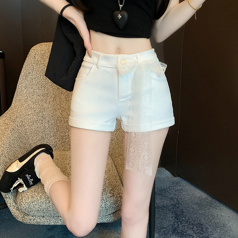 MY4666# 蕾丝基础款百搭腰带短裤女夏辣妹高级感显瘦休闲白色热裤女裝貨源服裝批發