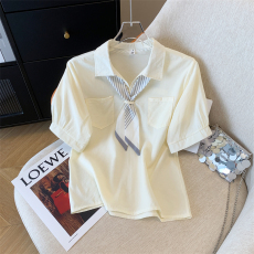 批发实拍◆ 设计感小众领结短袖衬衫<b class='q'>女装</b>小个子法式复古别致上衣