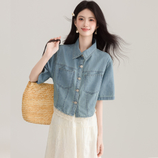 批发实拍蕾丝拼接短袖牛仔外套女<b class='q'>夏</b>季薄款新款休闲显瘦小个子衬衫上衣