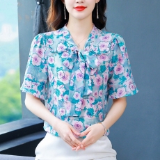 批发实拍现在货2026夏季新款短袖印花<b class='q'>雪纺衫</b>女士<b class='q'>大码</b>遮肚子百搭小衫女