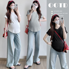 批发实拍 孕妇装夏季V领薄款上衣 时尚显瘦宽松遮肚子百搭款T恤