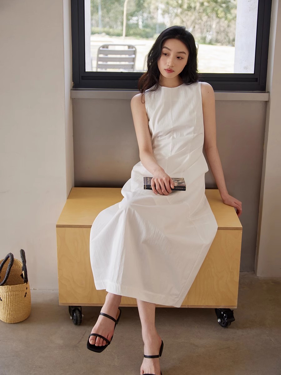 ginnkee 프랑스어 민소매 화이트 여성 드레스 여름 스티칭 허리 블랙 라이센스 탱크 스커트 꽃밭 롱 스커트