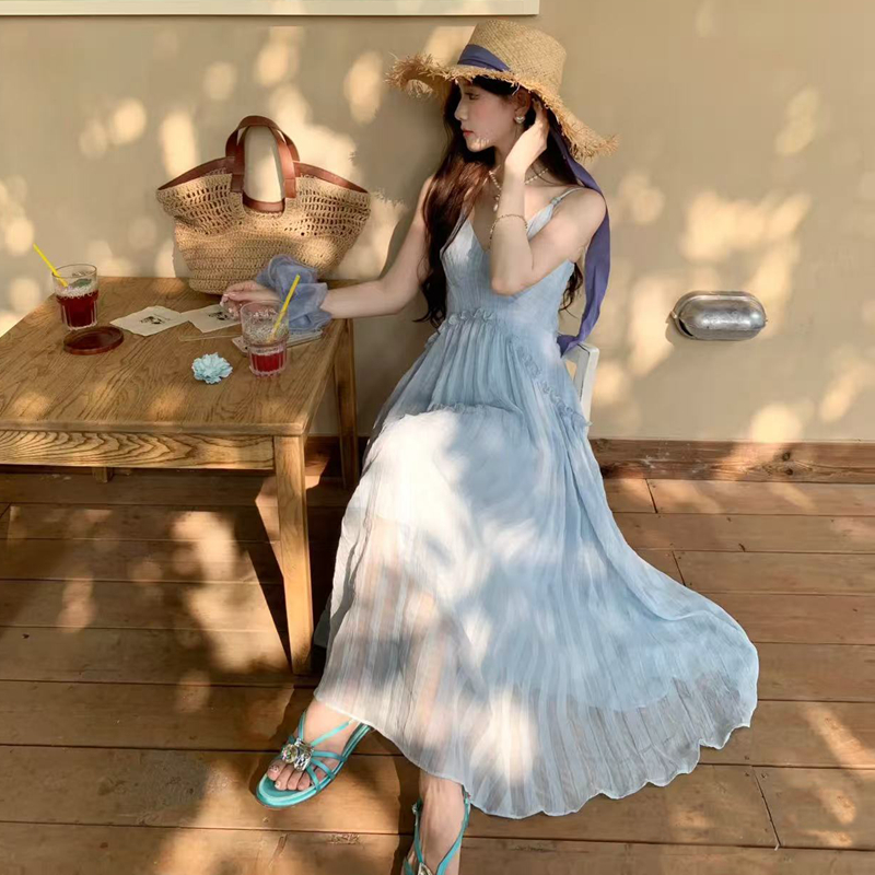 고급 센스 프랑스식 백리스 파란색 슬립 여성 드레스 여름 해변가 휴가 품격 아름다운 해변 길다 치마