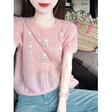 批发韩版设计感镂空钩花短袖针织衫<b class='q'>女</b>夏季新款宽松显瘦百搭圆领上衣潮