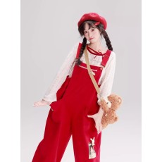 批发可爱学院风红色<b class='q'>背带裤</b>女春秋小个子宽松阔腿裤子