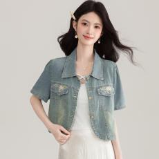 批发实拍<b class='q'>夏</b>季新款韩版短款牛仔外套女复古短袖洗水牛仔刺绣小个子上衣