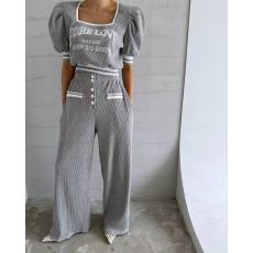 批发有货 韩国字母方领泡泡袖运动休闲上衣+裤子套<b class='q'>装</b>