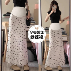 批发孕妇夏季新款鱼尾蕾丝碎花印蝴蝶结春<b class='q'>秋</b>时尚托腹A字半身裙加长裙