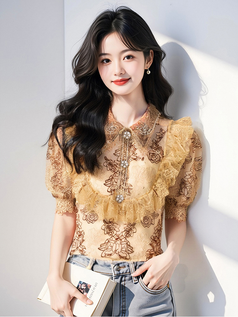 실사 2026 년 여름 새로운 프랑스식 거품 소매 빛 럭셔리 무거운 작업 스탠드 칼라 레이스 자수 자수 셔츠 여성