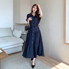批发有货韩国chic 法式气质<b class='q'>翻领</b>系带收腰显瘦大裙摆<b class='q'>连衣裙</b>长裙 配腰带