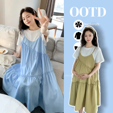 批发实拍孕妇假两件拼接宽松<b class='q'>连衣裙</b>女夏季新款高级孕妇装夏装裙子