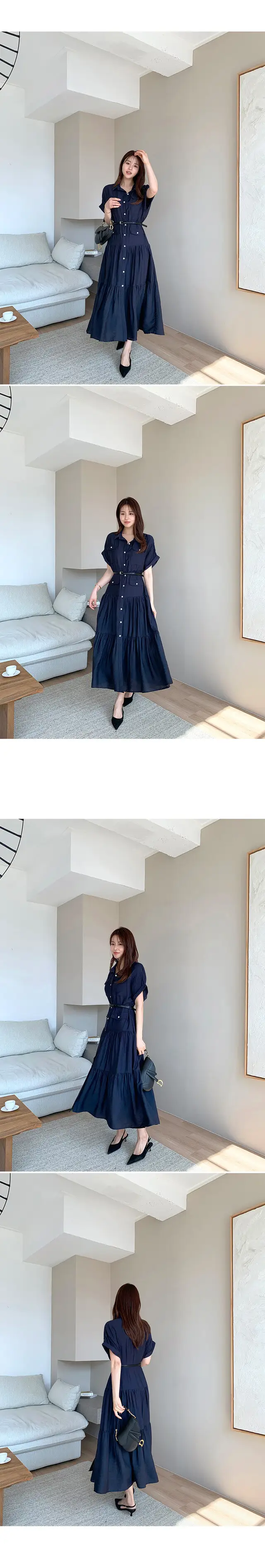 프렌치 무드 폴드 칼라 리본 허리 조절 원피스 상세 이미지 1