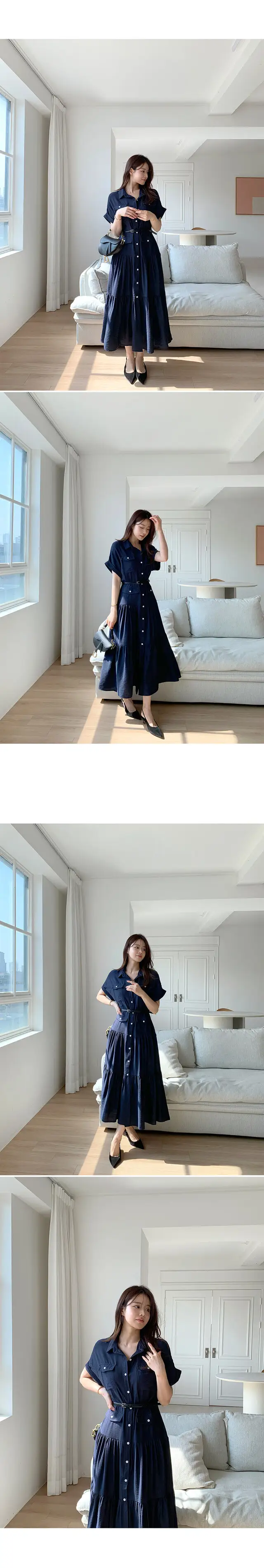 프렌치 무드 폴드 칼라 리본 허리 조절 원피스 상세 이미지 5