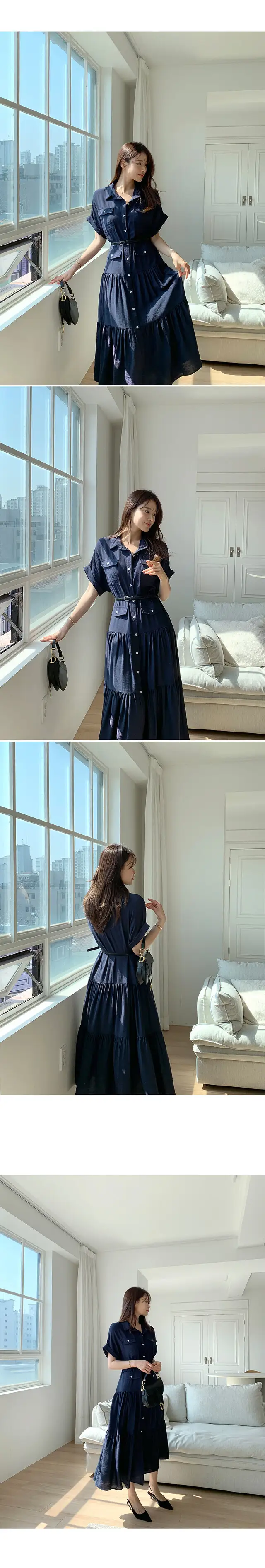 프렌치 무드 폴드 칼라 리본 허리 조절 원피스 상세 이미지 7