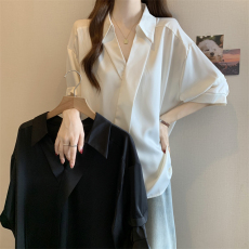 批发港风V领五分袖衬衫女2026夏大码微胖MM藏肉遮肚子宽松百搭上衣