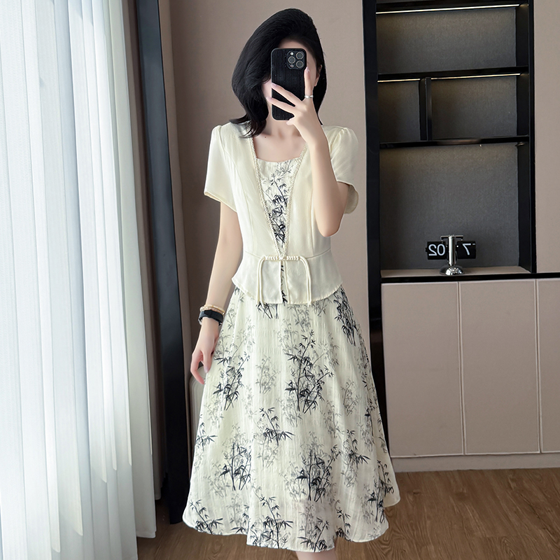 RY1546# 大码女装2026夏季韩版气质洋气显瘦简约拼接时尚淑女短袖连衣裙女