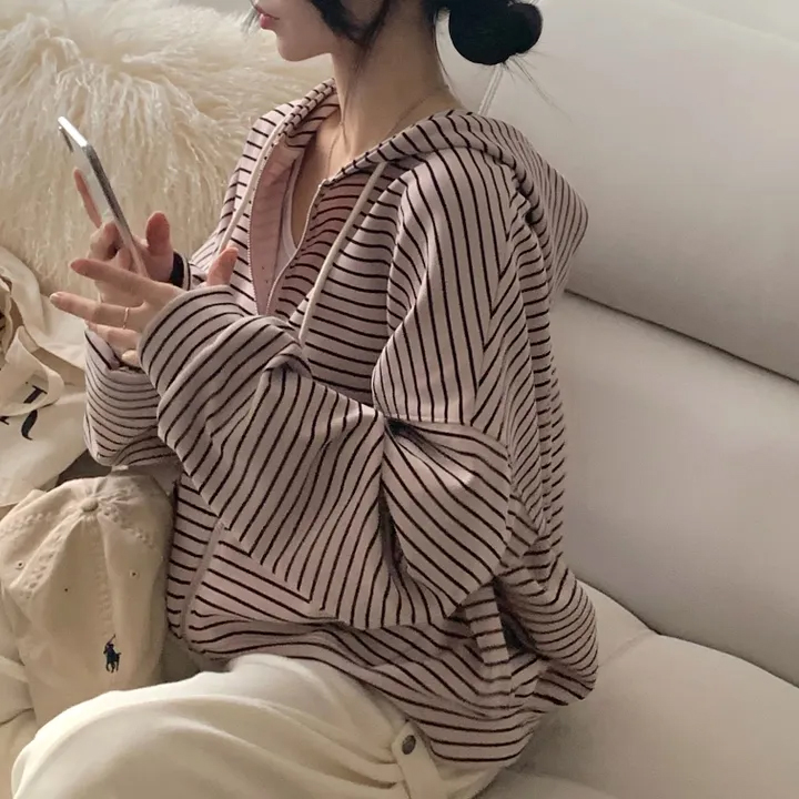 있음 선적 chic 스트라이프 후드 캐주얼 주머니 후드티 3 색